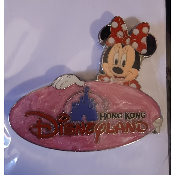 Disney Hong Kong Castle Pink Blue Logo Mickey and Minnie Mouse Trading Pin Lot - Picture 3 of 4